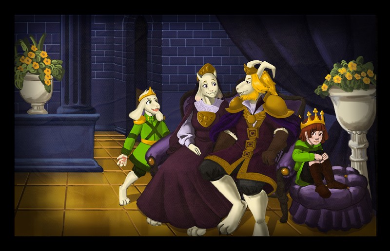 asgore dreemurr, asriel dreemurr, chara, and toriel (undertale (series) and etc) created by marzipanrose