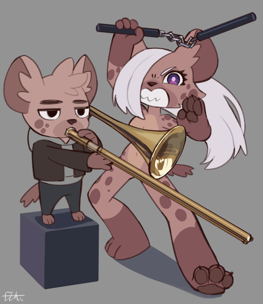 3_toes 4_fingers anthro black_nose bottomwear brass_instrument breasts claws clenched_teeth clothed clothing convenient_censorship duo feet female female_anthro fingers frown fur hair hair_over_eye holding_musical_instrument holding_object hoodie looking_at_viewer male melee_weapon musical_instrument navel nude nunchaku one_eye_obstructed pawpads playing_music purple_eyes shirt simple_background spots teeth toe_claws toes topwear trombone tuft weapon wind_instrument el-k homie_(el-k) jk_(el-k) hyena mammal spotted_hyena absurd_res digital_media_(artwork) hi_res