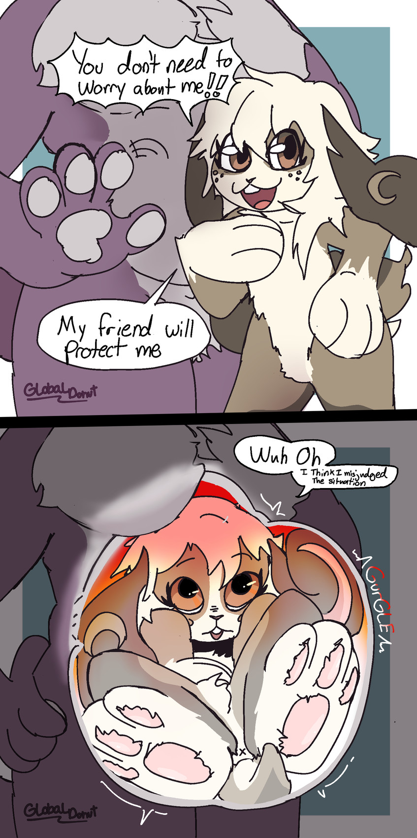 anthro anus bangs big_breasts big_ears big_feet breasts brown_body brown_fur cartoon_freckles curled_up dialogue duo eyelashes feet female female/female forced freckled_face freckles fur hindpaw implied_fatal inside inside_stomach internal interspecies larger_female long_eyelashes looking_at_viewer mofumusubi motion_lines nude null onomatopoeia open_mouth oral_vore pawpads paws purple_body purple_fur rumbling_stomach same_size_vore simple_background size_difference smaller_female smile soft_vore sound_effects speech_bubble tail text unwilling_prey vore white_body white_fur x_anus globaldonut34 instant_loss_2koma gd_(globaldonut34) canid canine canis lagomorph leporid mammal rabbit wolf absurd_res comic digital_media_(artwork) english_text hi_res sequence