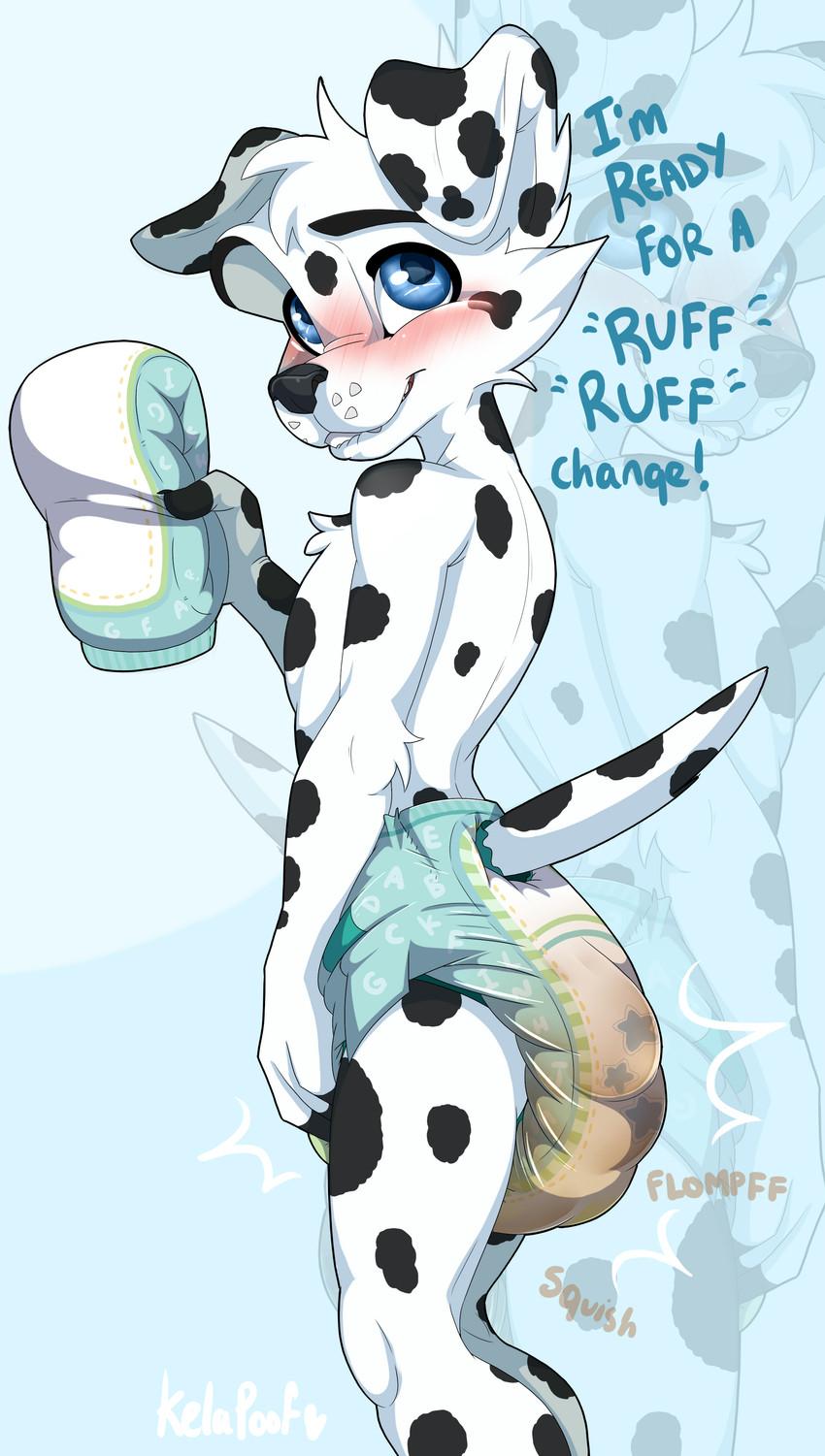 adolescent anthro blue_eyes blush bodily_fluids clean_diaper clothed clothing diaper feces fur genital_fluids male markings smile soiled_diaper solo spots spotted_body spotted_fur standing text unclean_diaper urine used_diaper wearing_diaper wet_diaper wetting white_body white_fur young mistydash paw_patrol marshall_(paw_patrol) canid canine canis dalmatian domestic_dog mammal absurd_res hi_res
