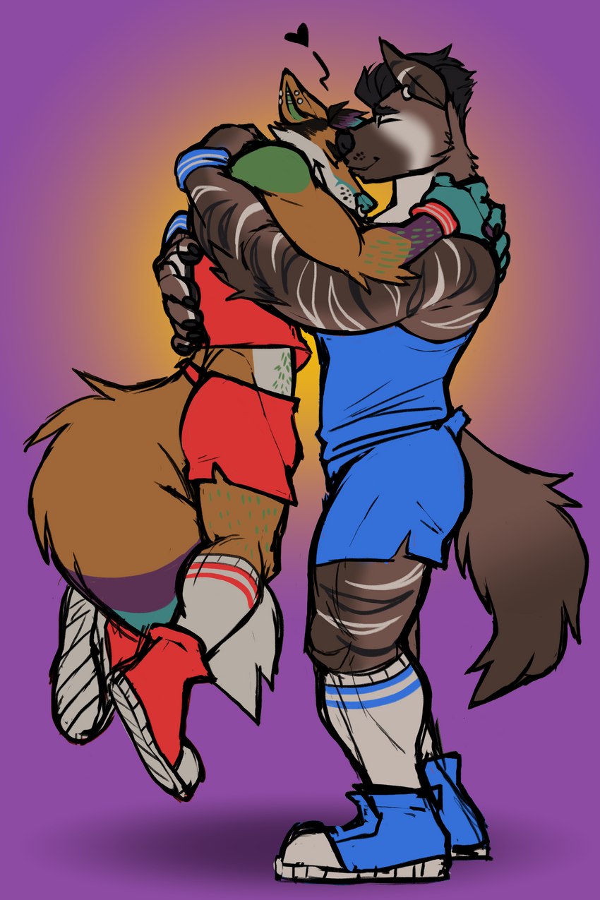 anthro athletic_wear bottomwear clothing duo footwear forehead_kiss hug male male/male shoes shorts sneakers wristband fetishame shuck canid canine fox hyena mammal yebra 2:3 absurd_res hi_res