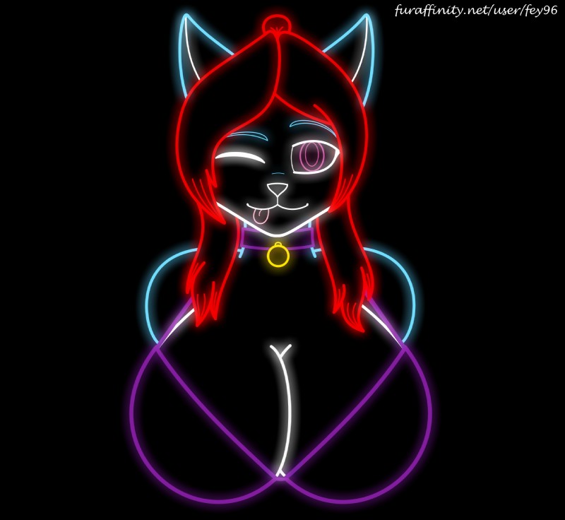 anthro bell bell_collar big_breasts bra breasts clothing collar female glowing hair looking_at_viewer neon_sign one_eye_closed red_hair sign smile solo text tongue tongue_out underwear wink fey96 kyra_tucker_(fey96) canid canine fox mammal 2018 bust_portrait digital_drawing_(artwork) digital_media_(artwork) hi_res portrait url