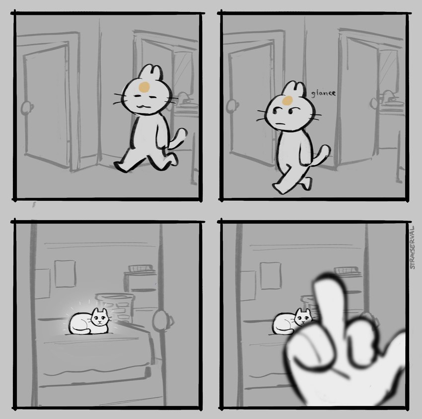 4_panel_comic :3 ambiguous_gender anthro bathroom bed bedroom biped black_whiskers depth_of_field door doorknob duo eyes_closed faucet feral first_person_view furniture gesture hand_gesture humor inside lying middle_finger on_front open_door quadruped sink tail walking whiskers strayserval domestic_cat felid feline felis humanoid mammal 2025 comic digital_drawing_(artwork) digital_media_(artwork) hi_res sequence signature sketch