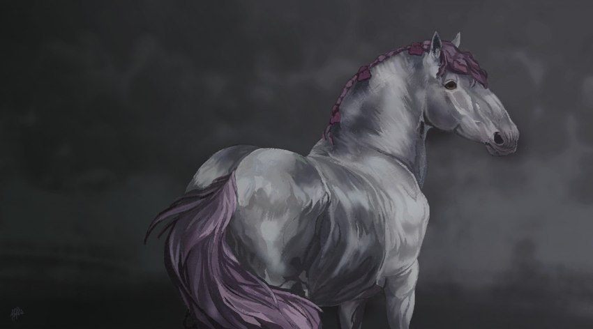 accessory ambiguous_gender bow_ribbon feral hair hair_accessory hair_bow hair_ribbon looking_at_viewer looking_back mane pink_hair pink_mane pink_tail ribbons simple_background solo tail white_body yfir peach_(wasen) equid equine horse mammal