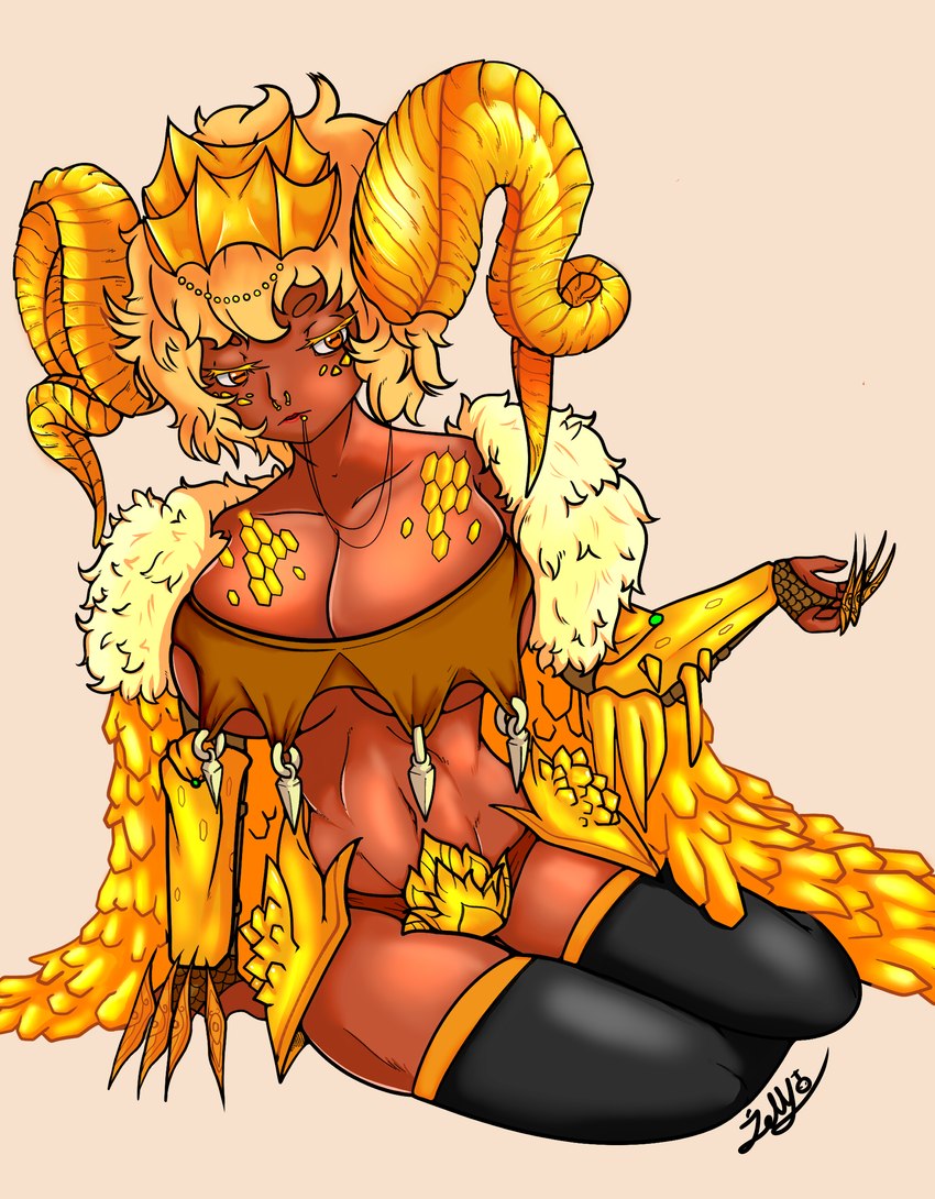 armor big_breasts big_horn black_clothing black_legwear black_thigh_highs blonde_hair bottomwear breasts brown_bottomwear brown_clothing brown_topwear cleavage clothed clothing curved_horn dark_body dark_skin eyelashes facial_piercing female front_view gold_(metal) gold_armor hair horizontal_pupils horn huge_breasts jewelry legwear lip_piercing navel nose_piercing orange_eyes piercing pupils short_hair simple_background sitting solo tan_background thigh_highs topwear yellow_horn jolli-ceta capcom monster_hunter mythology animal_humanoid dragon dragon_humanoid elder_dragon horned_humanoid humanoid kulve_taroth mythological_creature mythological_scalie scalie absurd_res hi_res