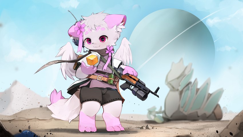 clothing female fur gun pink_body pink_fur ranged_weapon solo weapon young yupa rimworld canid canine fox mammal 16:9 absurd_res hi_res widescreen