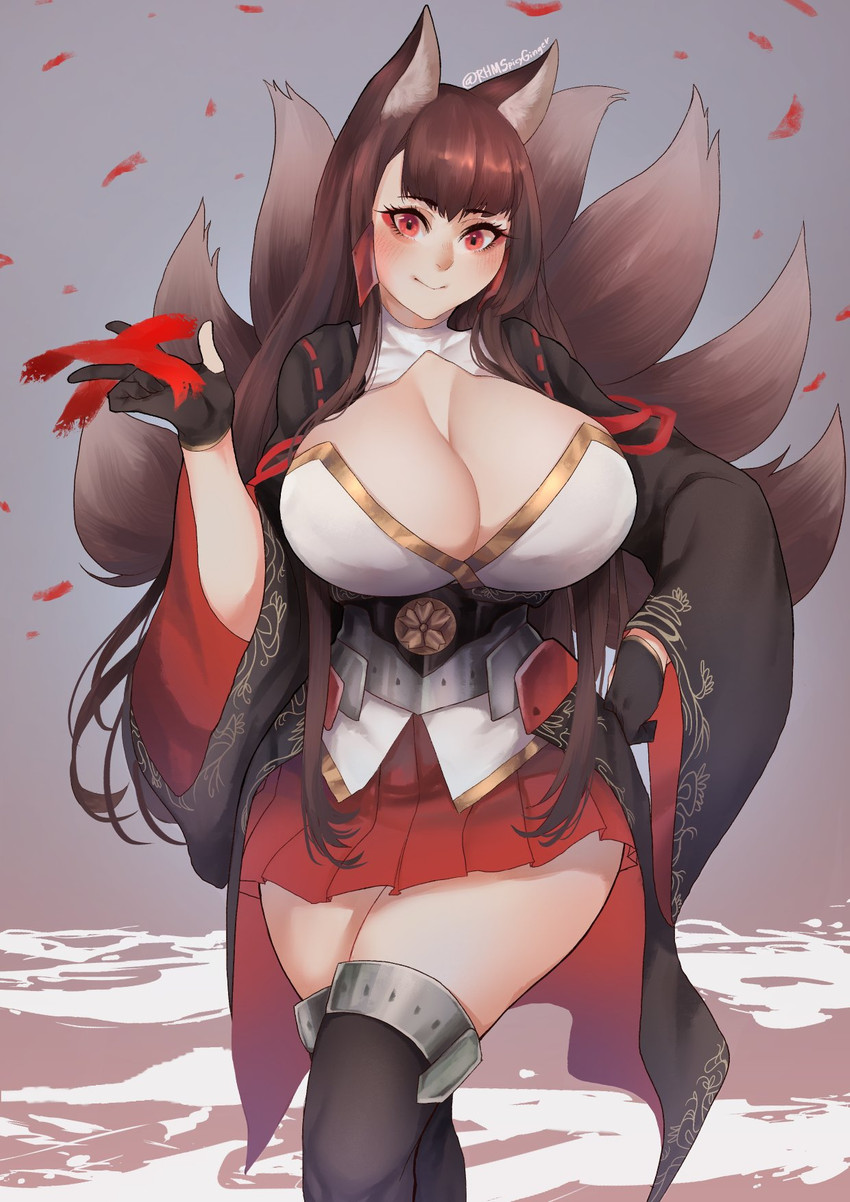 big_breasts bottomwear breasts brown_hair cleavage clothed clothing female hair huge_breasts inner_ear_fluff multi_tail skirt solo tail tuft oni_unicorn azur_lane akagi_(azur_lane) animal_humanoid canid canid_humanoid canine canine_humanoid fox_humanoid humanoid mammal mammal_humanoid hi_res