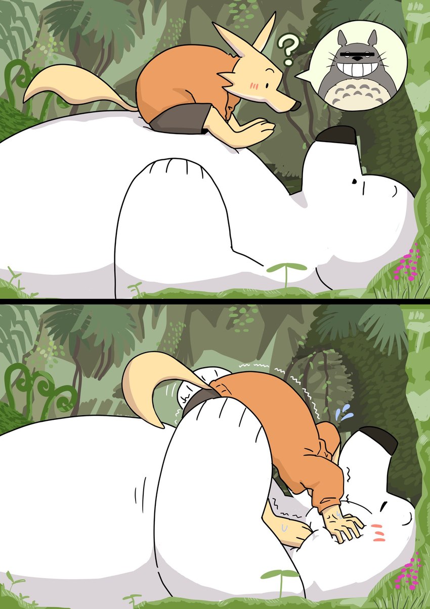 belly big_belly black_nose blush bottomwear clothing detailed_background dot_eyes duo eyes_closed kemono lying overweight question_mark shorts simple_eyes sitting size_difference white_body panda_po ghibli my_neighbor_totoro totoro bear canid canine fox mammal polar_bear ursine 2024 hi_res