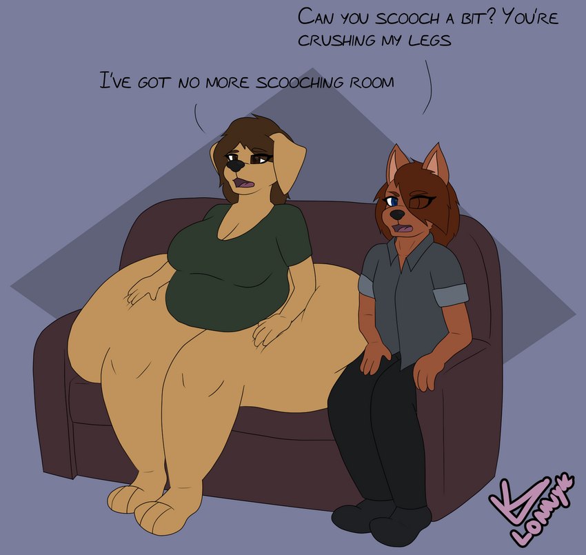 ambiguous_gender anthro big_breasts big_butt bottomless breasts butt butt_squish cleavage clothed clothing duo female furniture hand_on_butt huge_butt hyper hyper_butt overweight overweight_female shirt sofa squish t-shirt text topwear lonnyk alex_(lonnyk) lani_(lonnyk) bird_dog canid canine canis domestic_dog hunting_dog labrador mammal retriever english_text hi_res