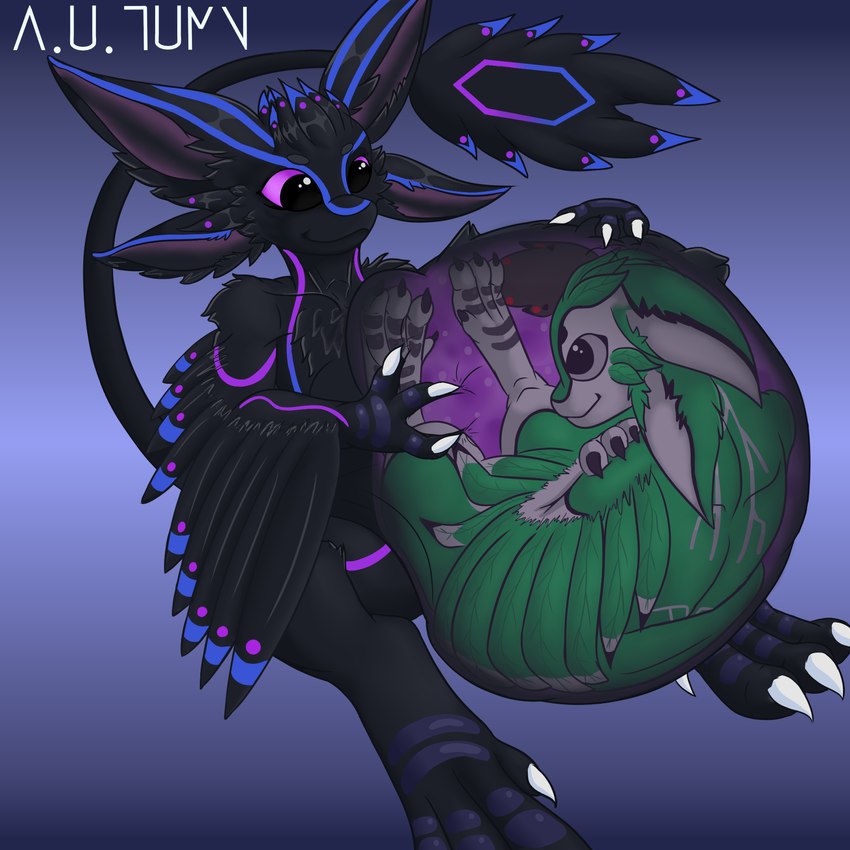 anthro belly big_belly black_body dark_body duo feathers green_body male male/male organs predator/prey purple_eyes same_size_vore stomach vore x-ray_view a.u.tumn avali 1:1 hi_res