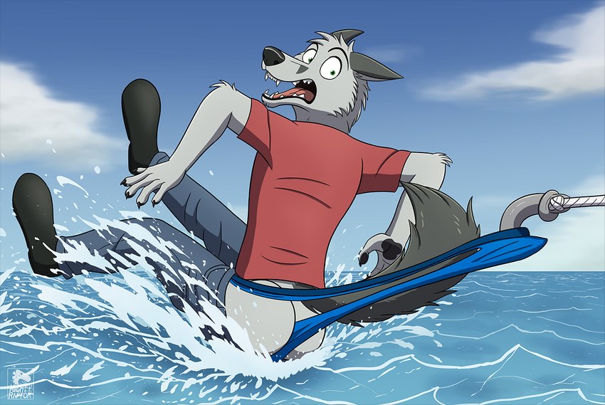 anthro beach bottomwear butt clothing day denim denim_bottomwear denim_clothing ears_down exposed fluffy footwear fur green_eyes grey_body grey_fur hook humiliation jeans looking_back male pants pivoted_ears rope scared sea seaside shirt shoes skiing sky solo splash stretching summer teeth tongue topwear underwear water wedgie wide_eyed mightyraptor canid canine canis fox mammal wolf