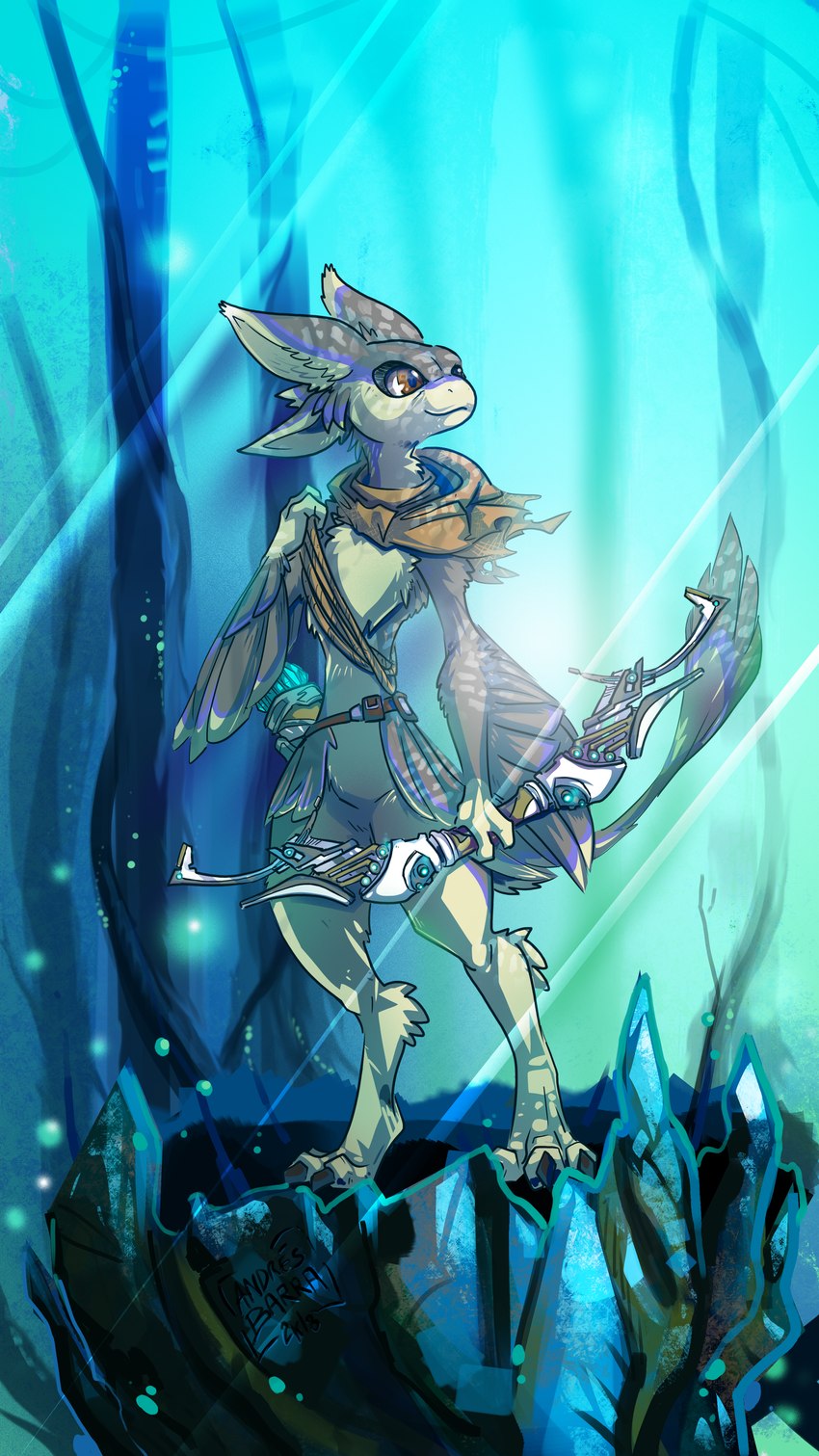 3_fingers 3_toes 4_ears anthro belt bow_(weapon) brown_eyes clothed clothing detailed_background feathers feet fingers fur glare_(lighting) holding_bow_(weapon) holding_object holding_ranged_weapon holding_weapon inner_ear_fluff male multi_ear outside partially_clothed plant ranged_weapon rope scarf solo standing talons toes tree tuft weapon wings kiaun digital_extremes tencent warframe avali avian 2018 absurd_res digital_media_(artwork) hi_res shaded