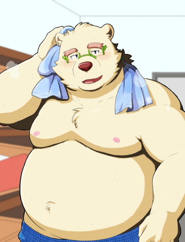 anthro belly blush clothing eyewear glasses humanoid_hands male moobs navel nipples overweight overweight_anthro overweight_male solo towel underwear kumadasi kumaura721 lifewonders tokyo_afterschool_summoners leib_(tas) bear mammal polar_bear ursine 2018 hi_res