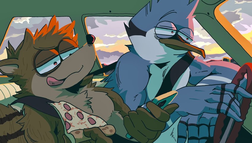 anthro athletic athletic_anthro athletic_male beak black_beak blue_body blue_feathers brown_body brown_fur car cellphone chest_tuft cloud countershading duo electronics feathers food fur half-closed_eyes holding_cellphone holding_food holding_object holding_phone holding_pizza holding_smartphone humanoid_hands inside_car inside_vehicle male narrowed_eyes orange_light phone pizza seatbelt sitting smartphone steering_wheel sunset tan_body tan_countershading tongue tongue_out tuft vehicle white_body white_countershading vetiver_n cartoon_network regular_show mordecai_(regular_show) rigby_(regular_show) avian bird blue_jay corvid jay_(bird) mammal new_world_jay oscine passerine procyonid raccoon digital_media_(artwork) hi_res