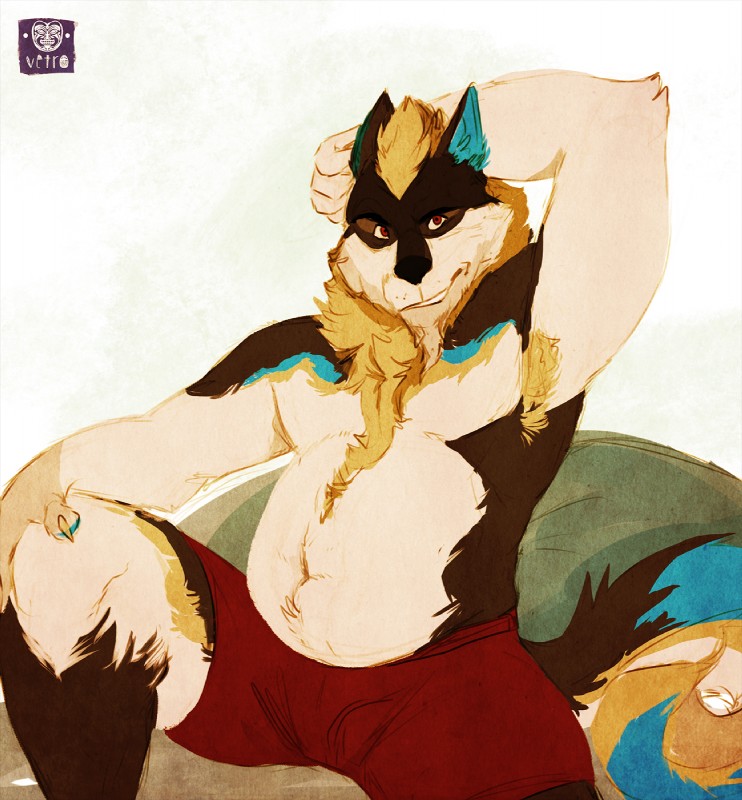 anthro armpit_hair belly biped black_nose blue_body blue_fur blue_tail body_hair bottomwear boxers_(clothing) brown_body brown_eyes brown_fur brown_tail chest_hair claws clothed clothing eyebrows front_view fur hand_behind_head hand_on_knee hand_on_leg looking_at_viewer male multicolored_body multicolored_fur multicolored_tail red_bottomwear red_clothing red_underwear simple_background sitting slightly_chubby solo tail tan_body tan_fur tan_tail topless underwear white_background white_body white_fur white_tail vetrowolf rivin canid canine canis mammal wolf 2017 digital_media_(artwork) hi_res watermark