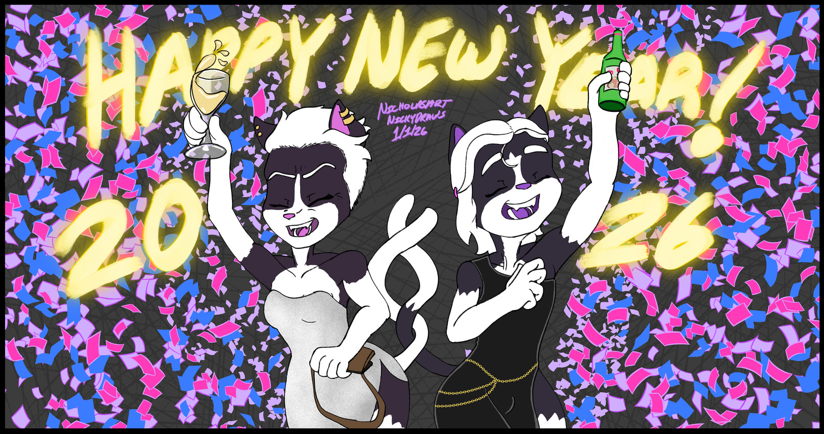 alcohol alcohol_bottles anthro beverage black_border border confetti duo female femboy male male/female nicholasart eleanor_(nicholasart) nicholas_(nicholasart) felid feline mammal 256:135 4k absurd_res hi_res mother_(lore) mother_and_child_(lore) mother_and_son_(lore) parent_(lore) parent_and_child_(lore) parent_and_son_(lore) son_(lore)