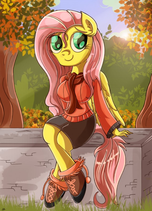 anthro anthrofied autumn biped blue_eyes clothing feathered_wings feathers female hair pink_hair sitting solo wings yellow_body yellow_feathers daniel-sg friendship_is_magic hasbro my_little_pony mythology fluttershy_(mlp) equid equine mammal mythological_creature mythological_equine pegasus 2015 hi_res