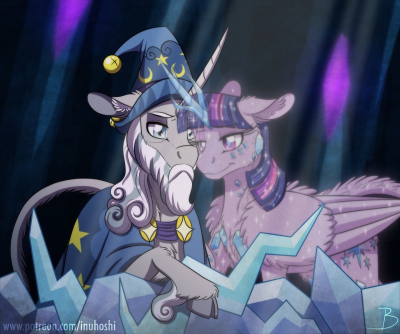 beard bell blue_eyes cape clothing cloven_hooves crystal duo facial_hair female hat headgear headwear hooves horn male tree_of_harmony wings wizard_hat inuhoshi-to-darkpen friendship_is_magic hasbro my_little_pony mythology harmony_(mlp) starswirl_the_bearded_(mlp) twilight_sparkle_(mlp) equid equine mammal mythological_creature mythological_equine spirit unicorn winged_unicorn 2019 hi_res