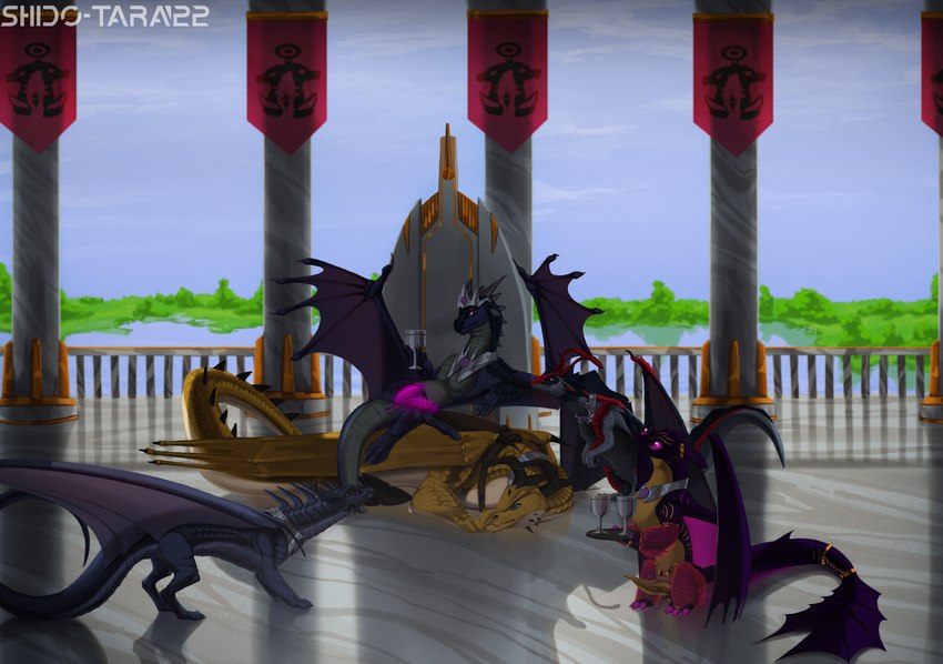 animal_genitalia blue_eyes blue_sky chair column container crown cup feral furniture genital_slit genitals group headgear herm intersex jewelry lake nude palace penis pink_eyes purple_eyes pussy sackless servant sky tail throne conditional_dnp shido-tara mythology dragon mythological_creature mythological_scalie scalie hi_res