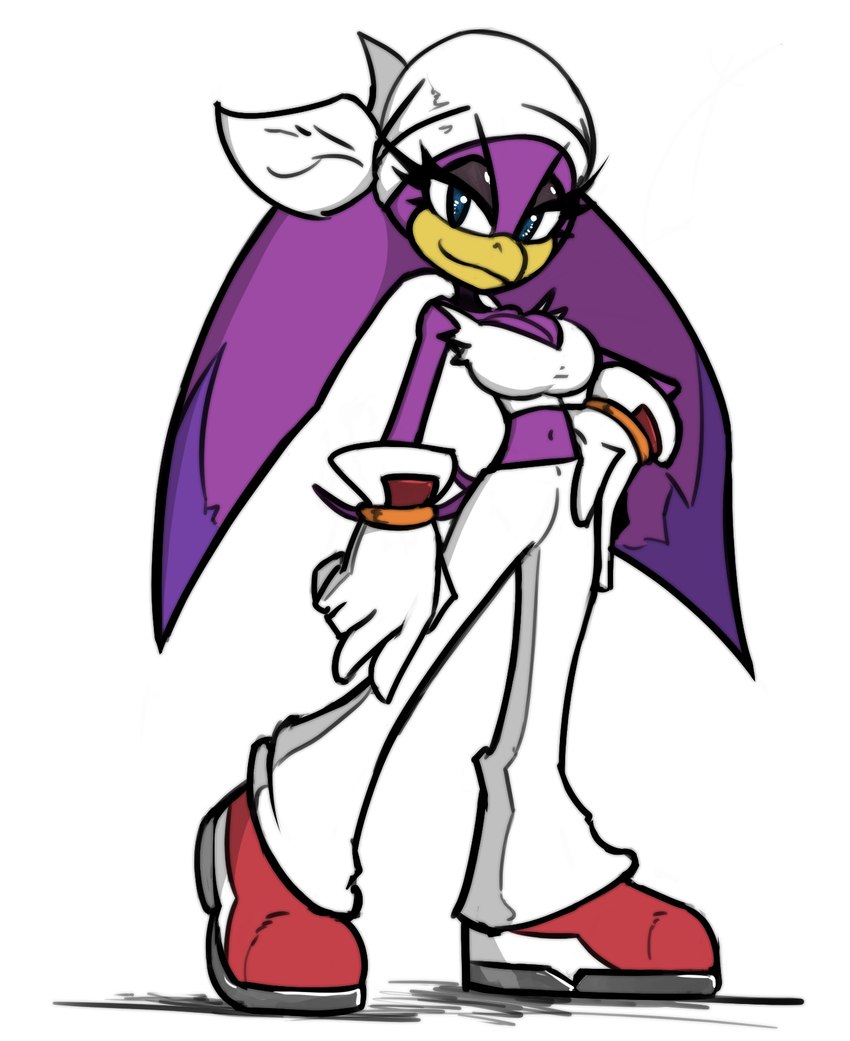 bedroom_eyes big_breasts blue_eyes bottomwear breasts cleavage clothed clothing eyelashes eyewear female footwear glasses gloves hand_on_hip handwear kerchief looking_at_viewer midriff narrowed_eyes navel pants purple_body seductive shoes smile solo topwear tube_top einaralsmer third-party_edit sega sonic_riders sonic_the_hedgehog_(series) wave_the_swallow avian bird tails_(disambiguation) hi_res