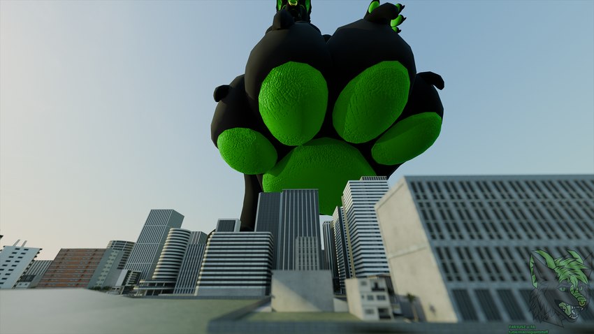 anthro city looking_at_viewer macro male paws solo stomping mythology fareusz canid canine canis dragon hybrid mammal mephitid mythological_creature mythological_scalie scalie skunk wolf 16:9 3d_(artwork) digital_media_(artwork) hi_res widescreen