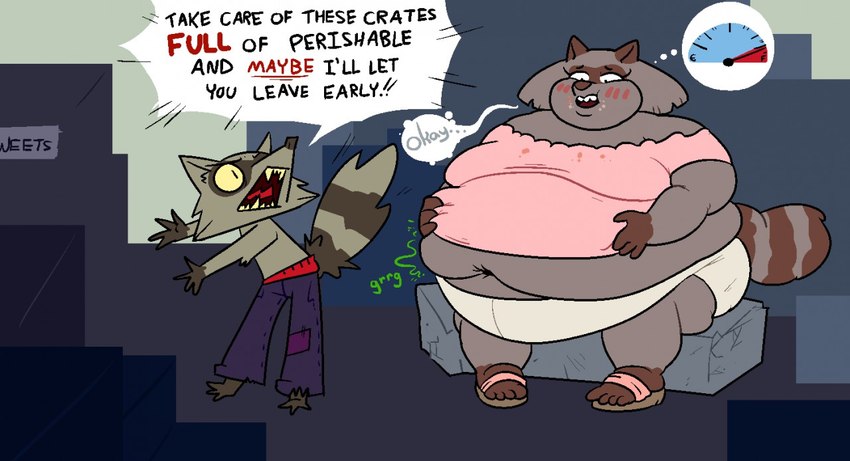 anthro belly big_belly bloated blouse blush blush_stickers bottomwear clothing dialogue duo female footwear fuel_gauge fupa gluttony hair hotpants long_hair male meter morbidly_obese morbidly_obese_anthro morbidly_obese_female navel obese obese_anthro obese_female open_mouth overweight overweight_anthro overweight_female pink_clothing pink_shirt pink_topwear sandals shirt shoes shorts text thought_bubble topwear yelling whiteraff victoria_(whiteraff) mammal procyonid raccoon english_text full-length_portrait portrait