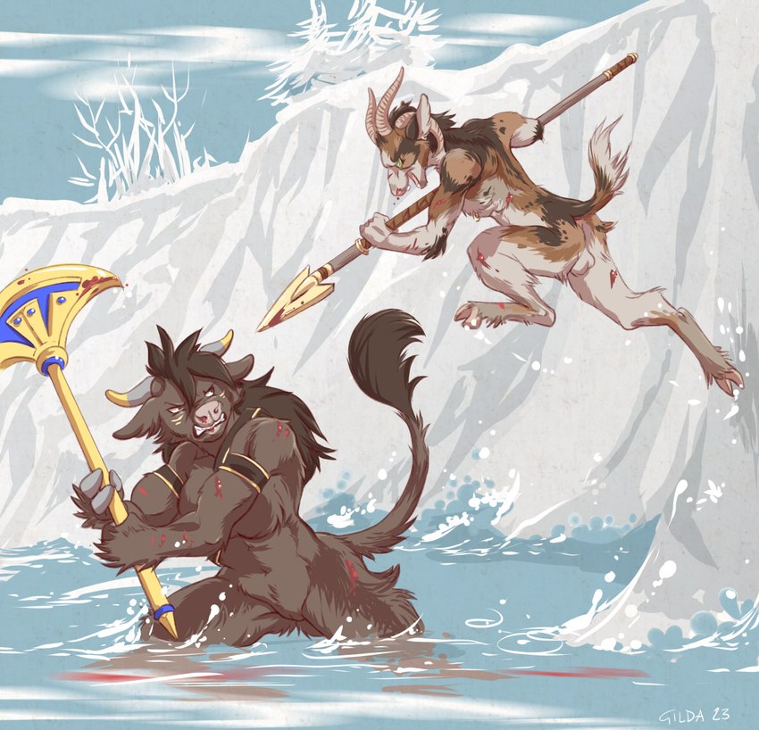 anthro backsack balls barely_visible_genitalia barely_visible_pussy blood bodily_fluids breasts brown_body brown_fur brown_hair butt clenched_teeth duo female fight fur genitals hair hooves horn ice male male/female melee_weapon nude outdoor_nudity outside partially_submerged polearm pussy spear teeth water weapon sanssouci european_mythology greek_mythology mythology bovid bovine mammal minotaur satyr 2023