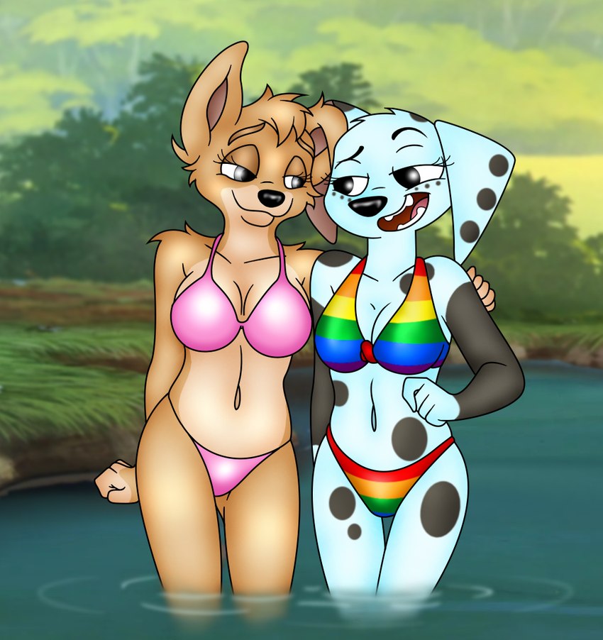 5_fingers anthro anthro_on_anthro anthrofied big_breasts bikini bikini_bottom bikini_top black_nose black_spots breasts cleavage clothed clothed_anthro clothed_female clothing duo fangs female female/female fingers fur hand_on_shoulder humanoid_hands markings navel open_mouth open_smile outside partially_submerged pink_bikini pink_clothing pink_swimwear rainbow_bikini river smile spots spotted_body spotted_fur standing standing_in_water swimwear tan_body tan_fur teeth tongue two-piece_swimsuit water white_body white_fur folwilliar 101_dalmatian_street 101_dalmatians disney lady_and_the_tramp angel_(lady_and_the_tramp) dolly_(101_dalmatians) canid canine canis dalmatian domestic_dog mammal pomeranian spitz 2024 crossover story story_in_description