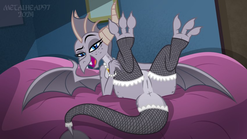 3_toes anthro anus bed bedroom_eyes blue_eyes clothing detailed_background fangs feet female fishnet_clothing fishnet_legwear fishnet_tailwear frill_(anatomy) front_view furniture gem genitals grey_body head_crest head_frill horn inside jewelry legs_up legwear logo looking_at_viewer lying membrane_(anatomy) membranous_wings narrowed_eyes necklace on_back on_bed on_model open_mouth pearl_(gem) pearl_bracelet pearl_necklace pussy seductive solo teeth thigh_highs toes waterbed wings metalhead97 hasbro my_little_pony mythology fan_character dragon mythological_creature mythological_scalie scalie 16:9 2024 absurd_res artist_logo hi_res widescreen