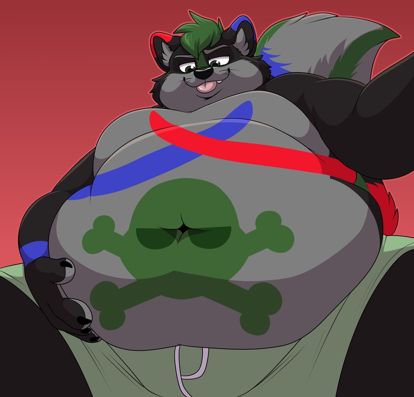 anthro belly_rub grin heavy low-angle_view male navel obese overweight overweight_male slightly_chubby slightly_chubby_male smile solo shikakaka skunkor mammal mephitid skunk absurd_res digital_media_(artwork) half-length_portrait hi_res portrait