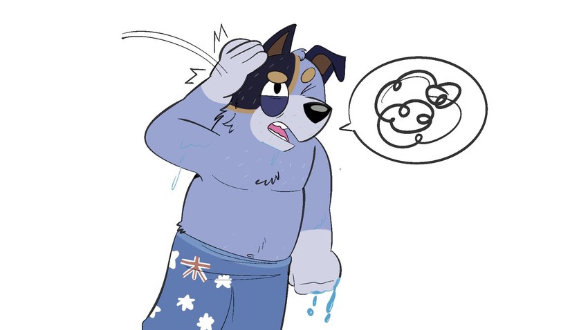 anthro australia black_eyes black_nose blue_body blue_ears blue_fur fur hand_on_head hand_on_own_head male motion_lines multicolored_body multicolored_fur one_ear_up one_eye_closed one_eye_half-closed simple_background solo speech_bubble standing teeth tongue towel towel_around_waist two_tone_body two_tone_fur wet white_background beargarbage bluey_(series) stripe_heeler australian_cattle_dog canid canine canis cattledog domestic_dog herding_dog mammal pastoral_dog 16:9 2023 digital_media_(artwork) hi_res widescreen