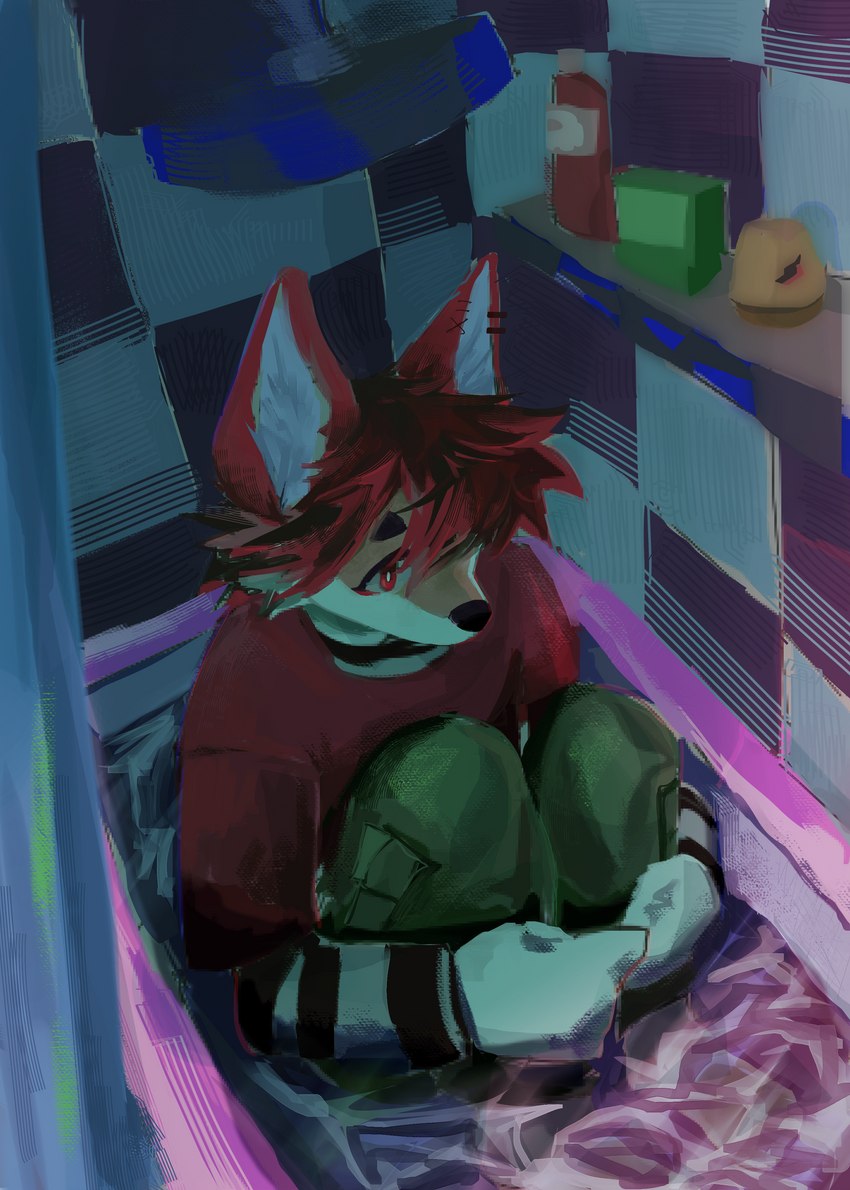 alternative_fashion anthro bathtub bottomwear clothing curtains ear_piercing emo existential_crisis fur gradient_hair hair male piercing shower_head solo tan_body tan_fur topwear water wet wet_clothing danniemang bad_dragon phong_(danniemang) canid canine fox mammal absurd_res hi_res