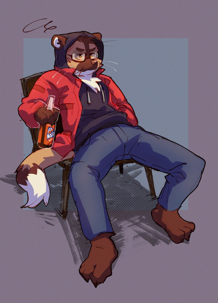 angst anthro barefoot beverage bottomwear chair clothing denim denim_bottomwear denim_clothing eyewear feet food furniture glasses grumpy hoodie jacket jeans male manspreading on_chair pants scene_interpretation sitting sitting_on_chair soda_bottle solo tail topwear crimsonrabbit cape_escape coca-cola gnollplaying_games moxie_(soda) sandals_bueller_(cape_escape) domestic_ferret mammal mustelid musteline true_musteline weasel absurd_res hi_res