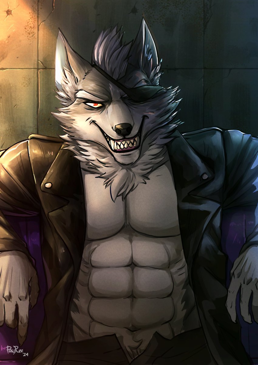 abs anthro clothed clothing eye_patch eyebrows eyewear fur grey_body grey_fur grin inner_ear_fluff looking_at_viewer male muscular neck_tuft open_clothing red_eyes sharp_teeth smile solo teeth tuft powree nintendo star_fox wolf_o'donnell canid canine canis mammal wolf 2024 hi_res portrait