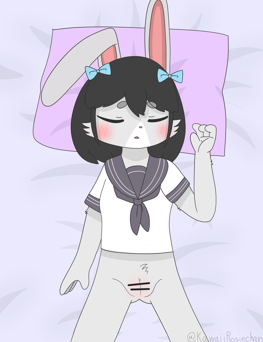 anthro asian_clothing bed black_hair blue_ribbon clothing east_asian_clothing eyes_closed female furniture genitals hair japanese_clothing pussy school_uniform sleeping solo tired uniform young young_anthro kawaiirosiechan lagomorph leporid mammal rabbit absurd_res censored hi_res