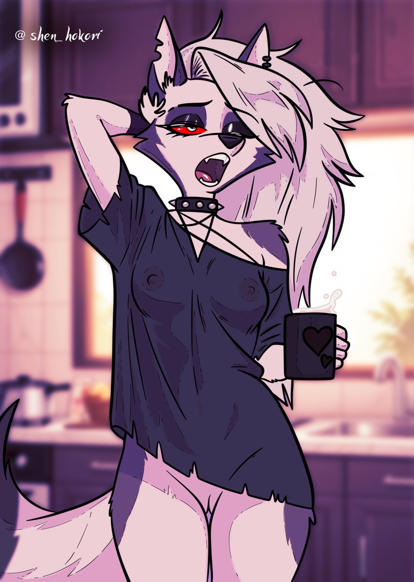 animal_ears anthro areola beverage biped black_clothing black_collar black_eyebrows black_eyeshadow black_shirt black_topwear blurred_background bottomless bottomless_anthro bottomless_female breasts casual_exposure clothed clothed_anthro clothed_female clothing collar container covered_nipples cup ear_piercing eyebrow_through_hair eyebrows eyelashes eyeshadow fangs female female_anthro fingers front_view fur genitals hair hand_behind_head heart_symbol holding_beverage holding_container holding_cup holding_object horn innie_pussy iris long_hair looking_at_viewer makeup multicolored_body multicolored_fur nipple_outline nipples no_bra notched_ear off_shoulder one_eye_closed open_mouth piercing pink_tongue pupils purple_body purple_fur pussy red_sclera sharp_teeth shirt small_breasts solo spiked_collar spikes standing tail teeth tongue topwear torn_clothing torn_shirt torn_topwear translucent translucent_clothing translucent_hair translucent_shirt translucent_topwear white_body white_eyes white_fur white_hair white_inner_ear wolf_tail yawn shen_hokori helluva_boss mythology loona_(helluva_boss) canid canid_demon canine demon hellhound mammal mythological_canine mythological_creature absurd_res hi_res portrait three-quarter_portrait