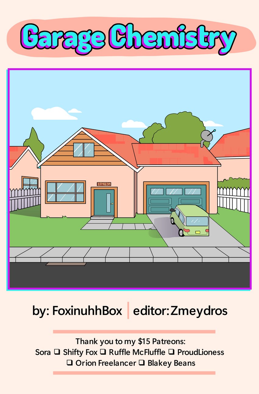 building car garage house not_furry outside sidewalk suburb text vehicle zero_pictured foxinuhhbox garage_chemistry_(comic) comic cover cover_art digital_media_(artwork) english_text hi_res