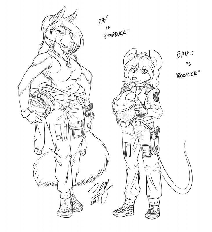 anthro breasts clothing costume dog_tags duo female flight_suit gloves hair handwear medium_breasts topwear uniform weapon baikobits battlestar_galactica_(series) baiko taylee canid canine canis domestic_dog mammal mouse murid murine rodent 2014 hi_res monochrome