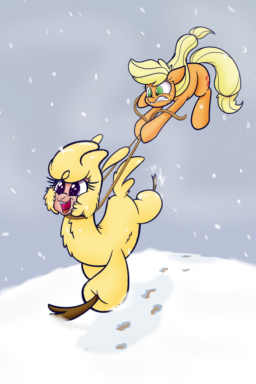 big_pupils blonde_hair clenched_teeth constricted_pupils cutie_mark dilated_pupils dragging duo female feral floppy_ears fluffy fur green_eyes hair happy hoof_hold lasso open_mouth open_smile orange_body outline pupils quadruped rope running small_pupils smile snow snowing teeth wide_eyed yellow_body yellow_fur heir-of-rick friendship_is_magic hasbro my_little_pony them's_fightin'_herds applejack_(mlp) paprika_paca_(tfh) alpaca camelid earth_pony equid equine horse mammal pony 2017 2:3 crossover digital_media_(artwork) hi_res