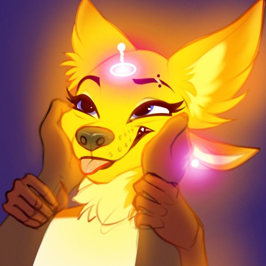 anthro black_nose blep blue_eyes breasts duo eyebrow_piercing face_squish facial_piercing female fur glowing glowing_body hand_on_cheek holding_face multi_ear piercing squish tongue tongue_out yellow_body yellow_fur discreet_user mylar_(discreet_user) canid canine fox fyre_fox mammal 1:1 2021 hi_res portrait