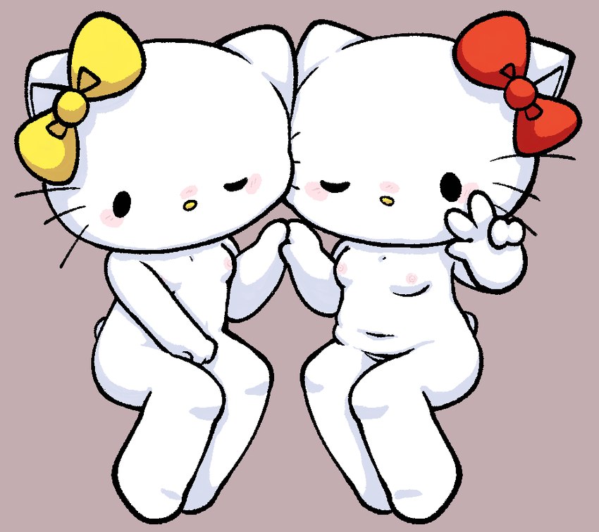 duo female fur gesture hand_gesture hand_holding identical_twins looking_at_viewer monotone_background nude nude_female simple_background sitting slightly_chubby slightly_chubby_female v_sign white_body white_fur touboutenshi hello_kitty_(series) sanrio hello_kitty_(character) mimmy_white domestic_cat felid feline felis mammal sibling_(lore) sister_(lore) sisters_(lore) twins_(lore)