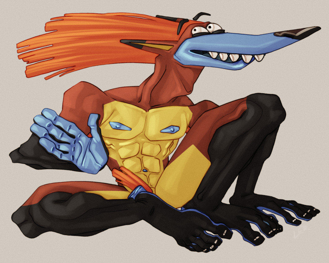 4_fingers 5_toes abs anthro belly black_arms black_eyebrows black_eyelids black_legs black_nose blue_face blue_nipples blue_palms blue_penis blue_soles collarbone colored_nails eyebrows feet fingers floating_eyebrows genitals gloves_(marking) hair humanoid_feet humanoid_hands leg_markings long_arms long_ears long_feet long_hair long_legs long_muzzle long_neck long_pubes male markings mascot multicolored_body muscular muscular_male nails nipples orange_body pecs peeking_penis penis plantigrade pointy_nose pubes sharp_teeth silly_face simple_background sitting socks_(marking) solo teeth toes two_tone_feet two_tone_hands white_nails yellow_belly ravuer 20th_century_fox fox_kids frankenfox canid canine fox mammal 5:4 absurd_res hi_res