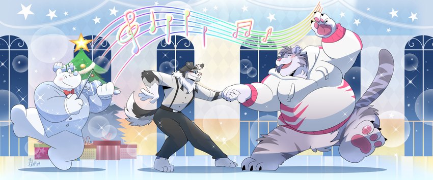 anthro bottomwear clothing dancing duo eyewear glasses holidays hoodie male music pants piercing shirt stripes suspenders topwear takataka christmas elle_(elazul) justin_(ieaden) border_collie canid canine canis collie domestic_dog felid herding_dog mammal pantherine pastoral_dog sheepdog tiger hi_res