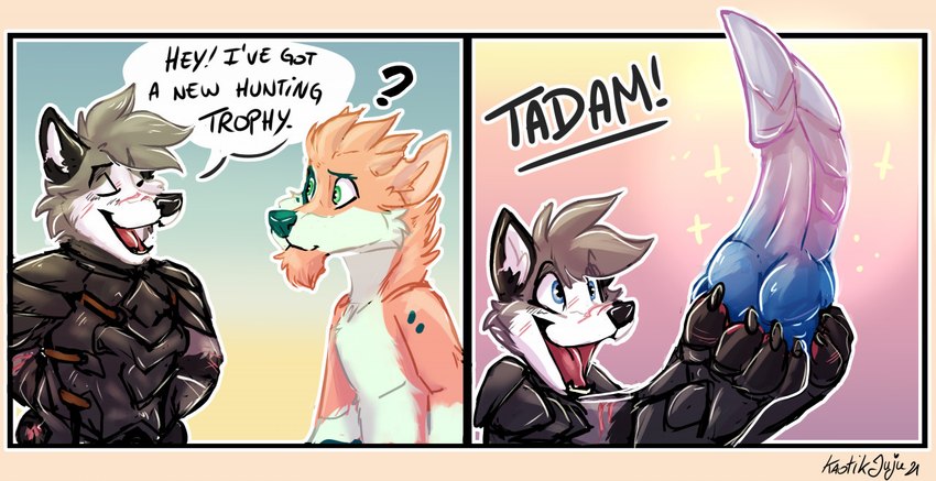 anthro dildo duo humor hunting knot male male/male sex_toy zidanewolf kaotikjuju bad_dragon runescape kaex zidanewolf1 canid canine canis mammal wolf comic meme