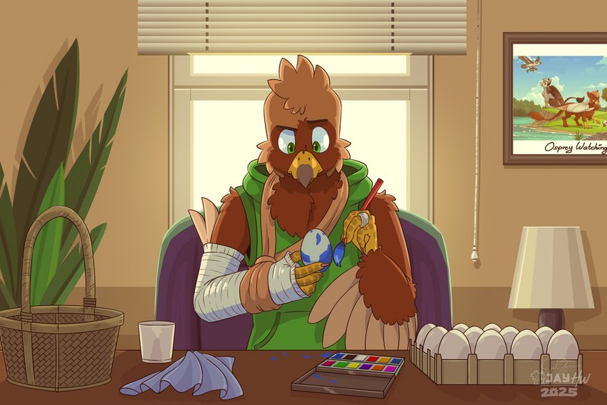 4_fingers 4_toes anthro arm_tuft beak biped bottomwear broken_arm broken_wing broken_wrist brown_body brown_feathers cast cheek_tuft claws clothing digitigrade easter_egg facial_tuft feathered_tail feathered_wings feathers feet fingers green_clothing green_eyes grey_beak holidays leg_tuft medical_sling multicolored_beak painting ring scuted_hands scutes shorts sitting tail tail_tuft talons tan_body tan_feathers toes topwear tuft two_tone_beak white_claws winged_arms wings wrist_tuft yellow_beak sammfeatblueheart easter pavlos_andriades accipitrid accipitriform avian bird eagle golden_eagle true_eagle 3:2 absurd_res hi_res nonbinary_(lore)