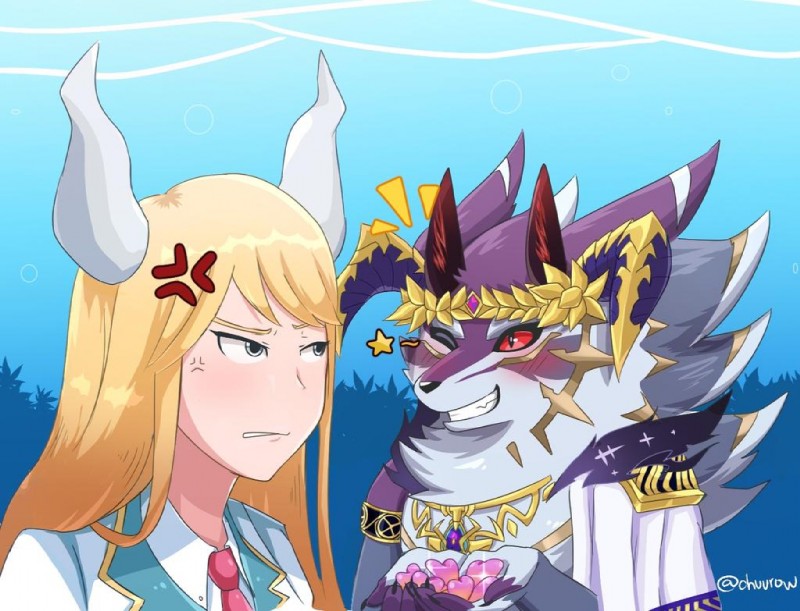 blonde_hair blush duo female hair heart_symbol horn male one_eye_closed seashell shell wink chuurow lifewonders tokyo_afterschool_summoners astarte_(tas) bael_(tas) canid canine canis humanoid jackal mammal