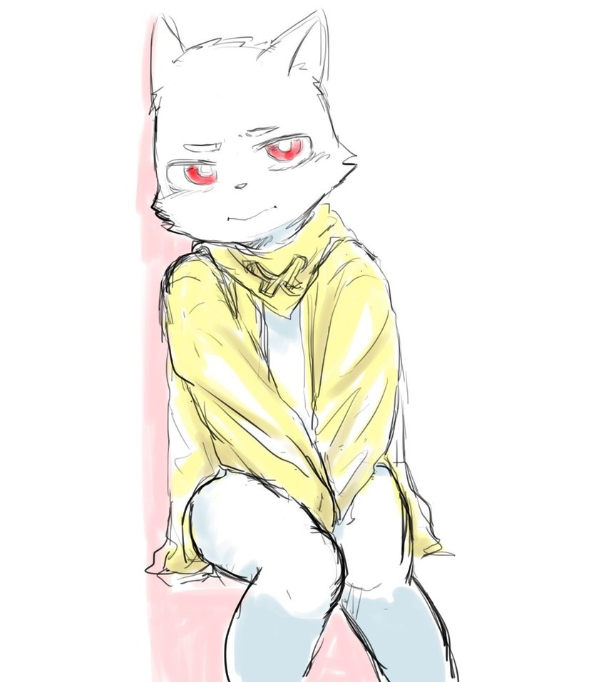 anthro bottomless bottomless_male clothed clothing fur hiding_penis knock-kneed looking_at_viewer male open_clothing open_topwear red_eyes serious simple_background sitting solo topwear white_background white_body white_fur yellow_clothing yellow_topwear young young_anthro young_male tobyou_222 canid canine canis domestic_dog mammal 2019 hi_res