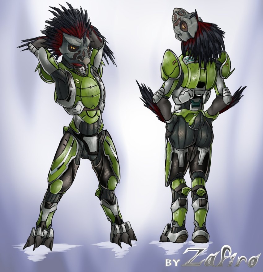 3_toes anthro arm_tuft armor balls_outline beak breastplate bulge butt claws codpiece cuisse detailed_bulge digitigrade dipstick_feathers fangs feather_hair feather_tuft feathered_crest feathers feet genital_outline green_armor grey_body grey_feathers hand_on_hip hands_behind_head hands_on_hips head_crest looking_at_viewer looking_back looking_back_at_viewer male pauldron penis_outline pseudo_hair pupils raised_arms rear_view red_body red_feathers short_tail simple_background slit_pupils smile solo standing tail teeth toe_claws toes tuft yellow_eyes zafiro_rosso_(artist) halo_(series) microsoft xbox_game_studios ga_vok alien avian kig-yar scalie t'vaoan colored hi_res shaded