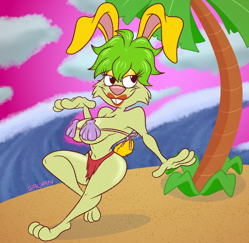 anthro beach breasts buckteeth clamshell_bra cleavage clothed clothing cloud female fur gesture green_hair hair half-closed_eyes lipstick makeup multicolored_body multicolored_fur narrowed_eyes navel palm_tree plant pose sand sea skimpy_bikini sky solo teeth toony torn_clothing tree two_tone_body two_tone_fur water wave waving wide_hips yellow_body yellow_fur gavanzude las_vacaciones_de_vicky vicky_(las_vacaciones_de_vicky) lagomorph leporid mammal rabbit alternate_version_at_paywall digital_drawing_(artwork) digital_media_(artwork) hi_res signature
