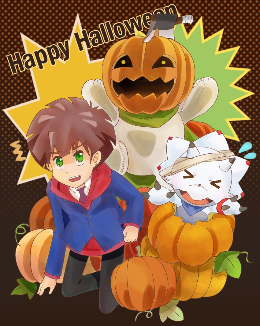 anthro brown_hair clothing food for_a_head fruit green_eyes group hair holidays hoodie kerchief male mummy_costume mummy_wrappings necktie plant pumpkin pumpkin_head topwear trio sansei_5100 bandai_namco digimon digimon_ghost_game halloween hiro_amanokawa ceratopsian digimon_(species) dinosaur gammamon human mammal object_head ornithischian prehistoric_species pumpkinmon reptile scalie triceratops 4:5 hi_res